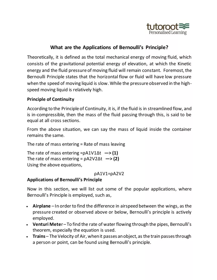 what are the applications of bernoulli s principl