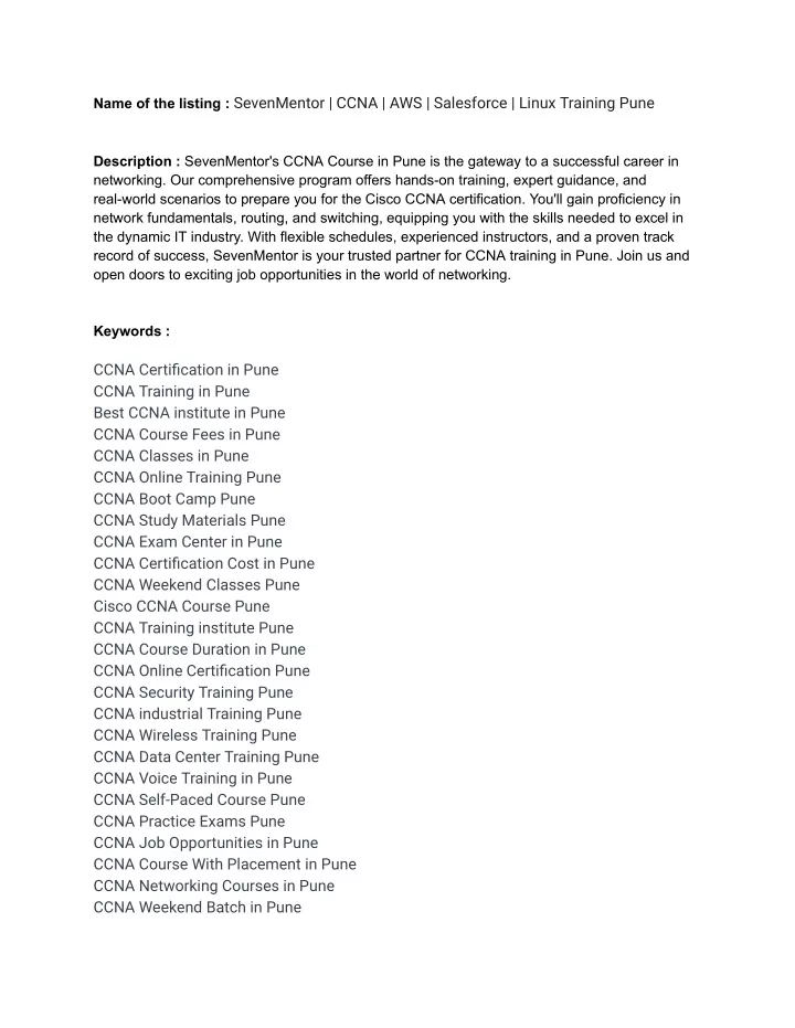 name of the listing sevenmentor ccna
