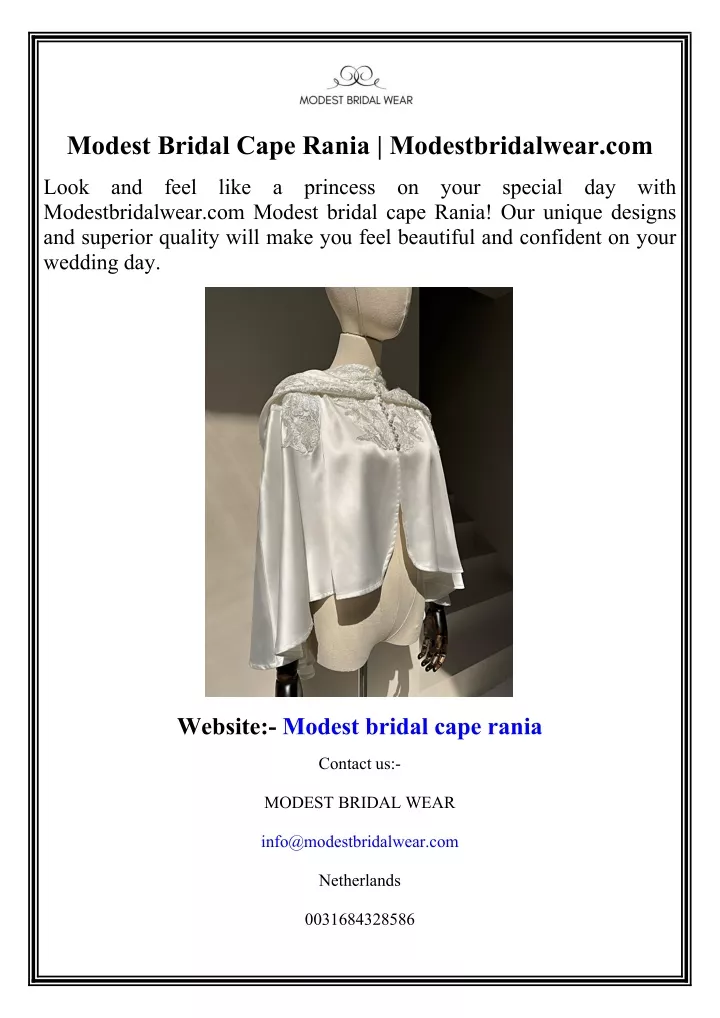 modest bridal cape rania modestbridalwear com