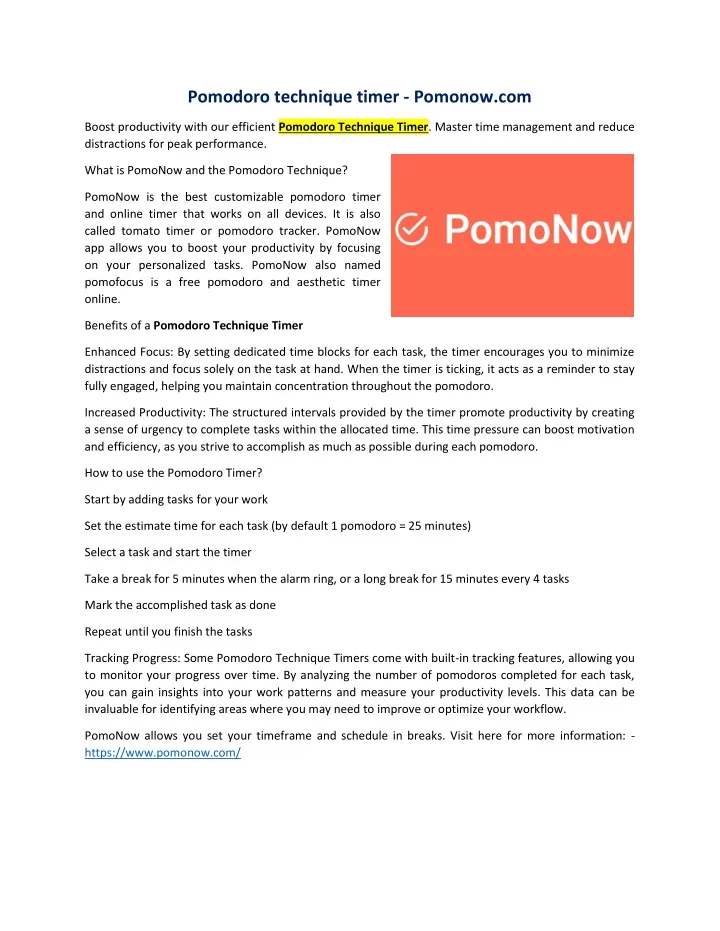 pomodoro technique timer pomonow com