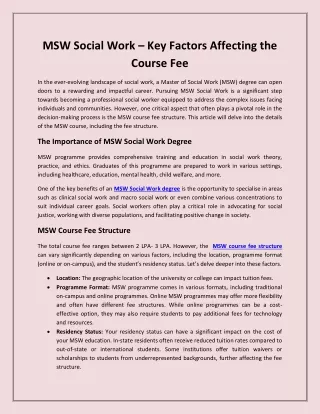 MSW Social Work – Key Factors Affecting the Course Fee
