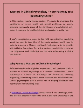 Masters in Clinical Psychology – Your Pathway to a Rewarding Career