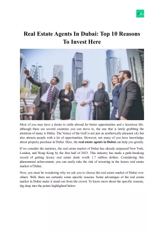 Real Estate Agents In Dubai - Top 10 Reasons To Invest Here