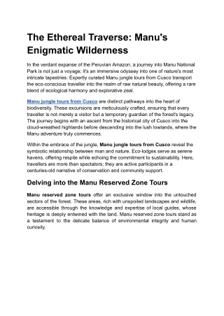The Ethereal Traverse: Manu's Enigmatic Wilderness