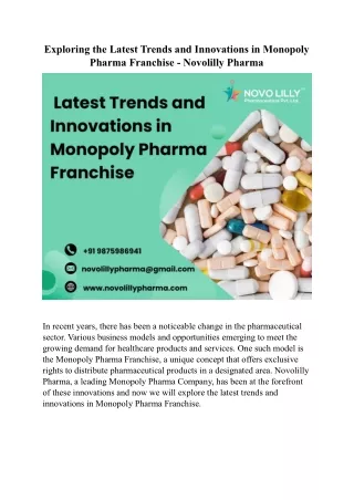 Exploring the Latest Trends and Innovations in Monopoly Pharma Franchise - Novolilly Pharma