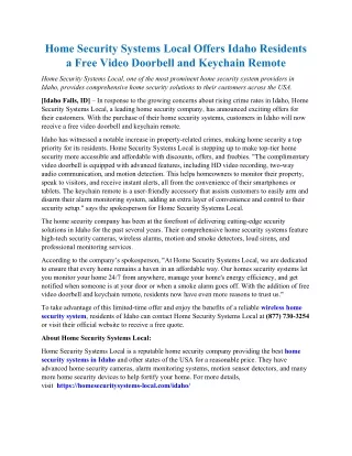 Home Security Systems Local Offers Idaho Residents a Free Video Doorbell and Keychain Remote