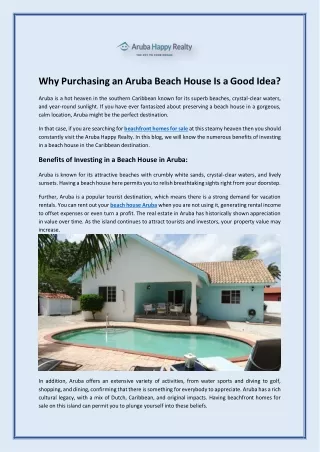 Why Purchasing an Aruba Beach House Is a Good Idea?