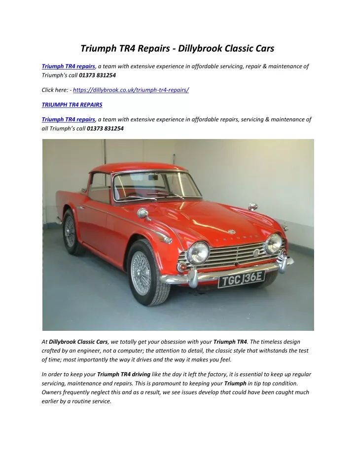 triumph tr4 repairs dillybrook classic cars