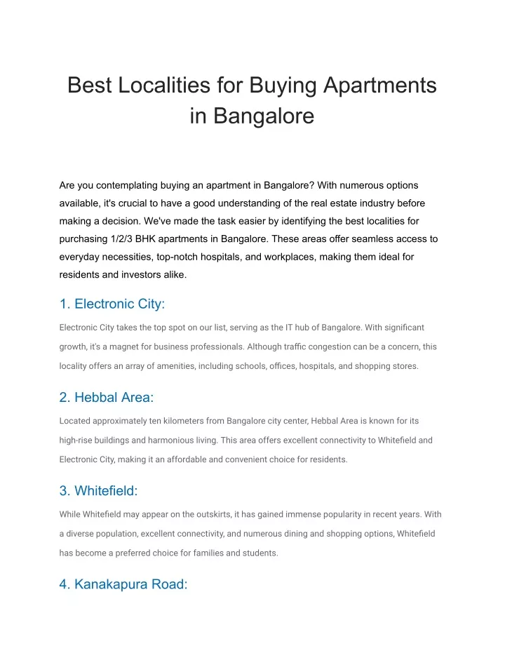 best localities for buying apartments in bangalore