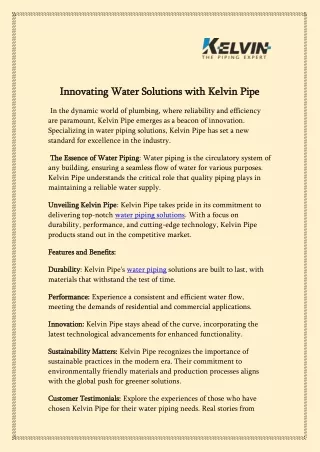 Innovating Water Solutions with Kelvin Pipe