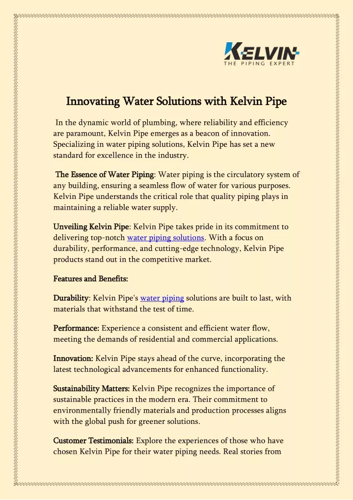 innovating water solutions with kelvin pipe