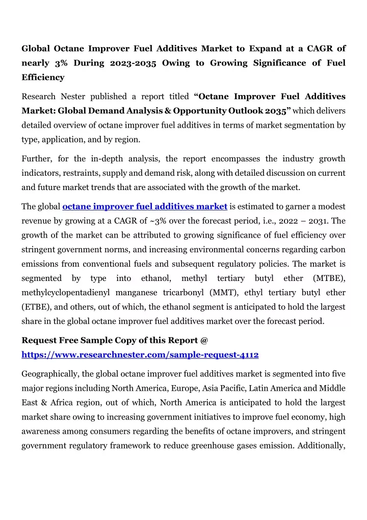 global octane improver fuel additives market