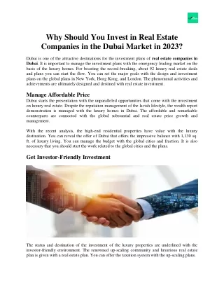 Why Should You Invest in Real Estate Companies in the Dubai Market in 2023