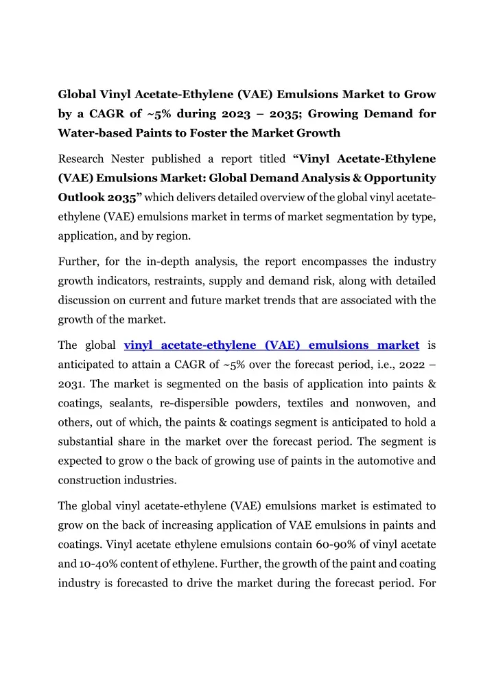 global vinyl acetate ethylene vae emulsions