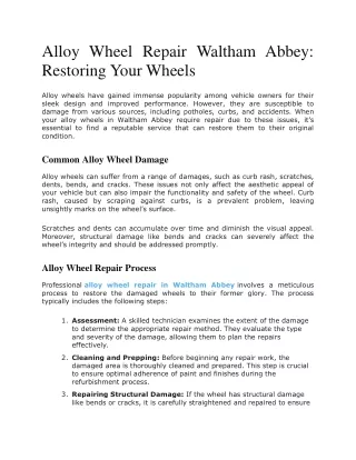 Alloy Wheel Repair Waltham Abbey: Restoring Your Wheels