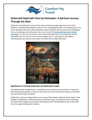 Kedarnath Badrinath Yatra by Helicopter: A Spiritual Journey Through the Skies