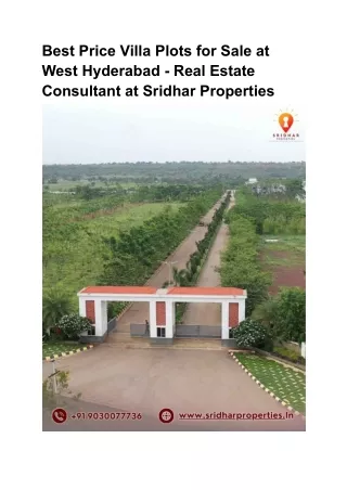 Best Price Villa Plots for Sale near West Hyderabad - Real Estate Consultant at Sridhar Properties