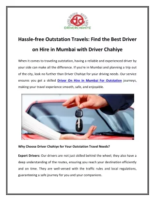 Hassle-free Outstation Travels Find the Best Driver on Hire in Mumbai with Driver Chahiye