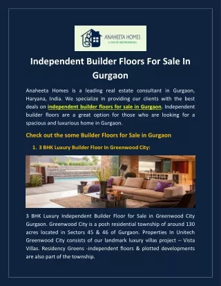 Independent Builder Floors For Sale In Gurgaon