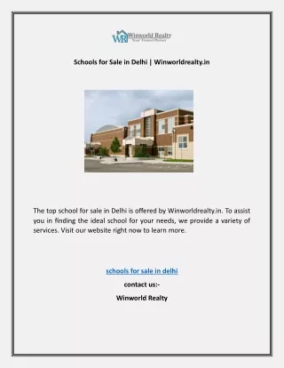 Schools for Sale in Delhi | Winworldrealty.in