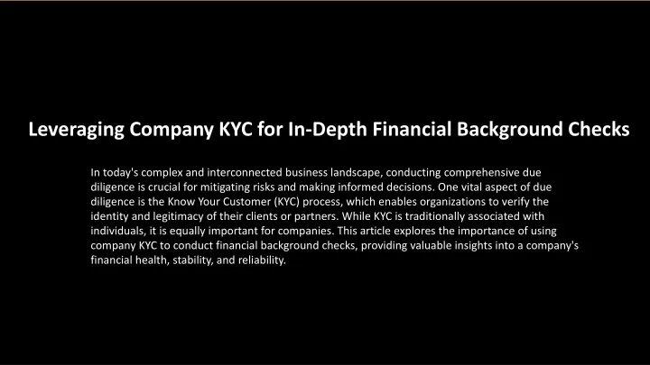 leveraging company kyc for in depth financial