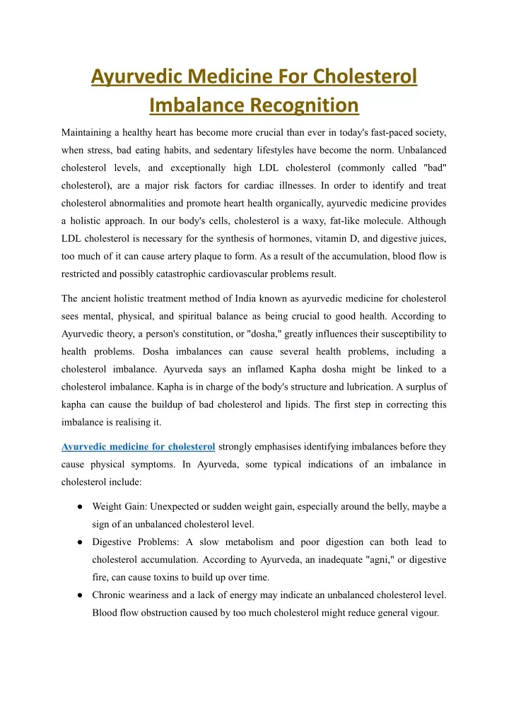 ayurvedic medicine for cholesterol imbalance