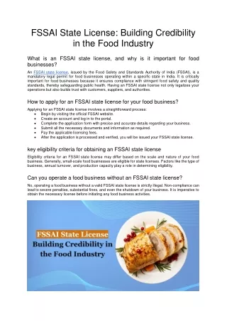 FSSAI State License: Building Credibility in the Food Industry