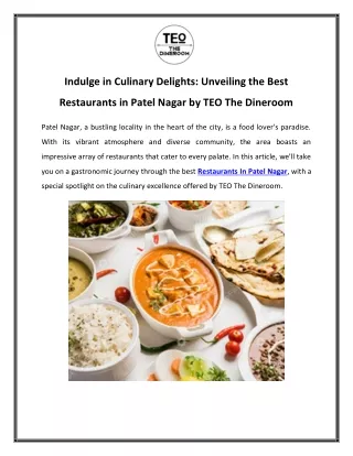 Indulge in Culinary Delights Unveiling the Best Restaurants in Patel Nagar by TEO The Dineroom