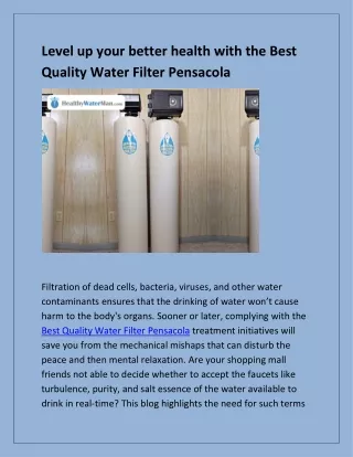 Level up your better health with the Best Quality Water Filter Pensacola