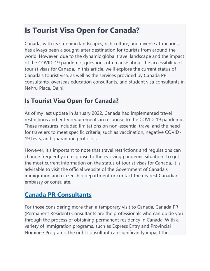 is tourist visa open for canada