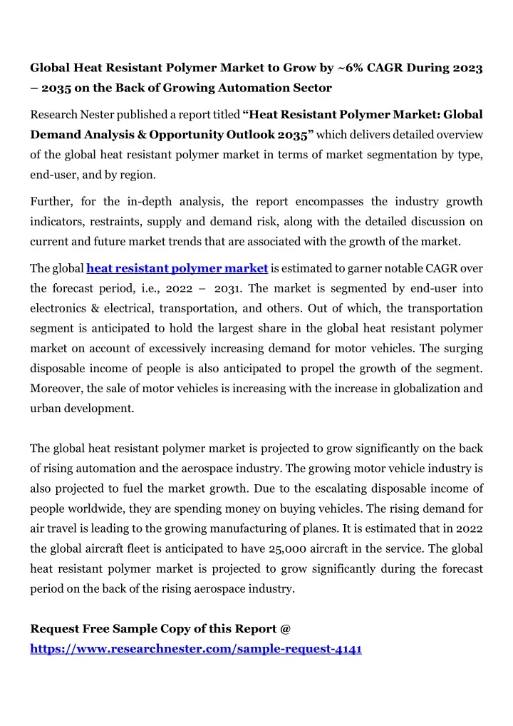 global heat resistant polymer market to grow