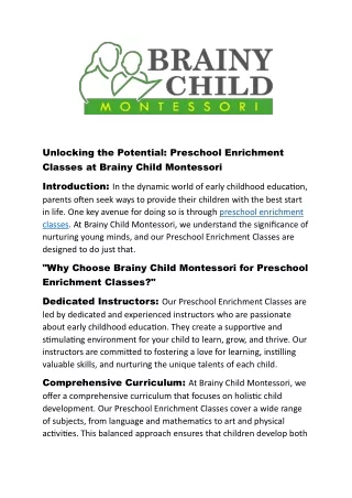 Preschool Enrichment Classes at Brainy Child Montessori