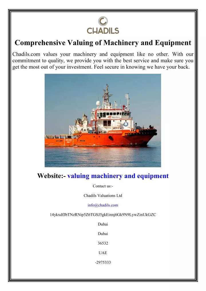 comprehensive valuing of machinery and equipment