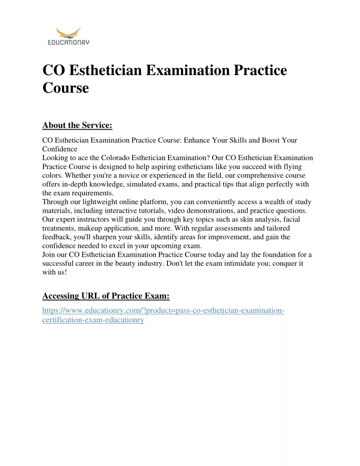 co esthetician examination practice course