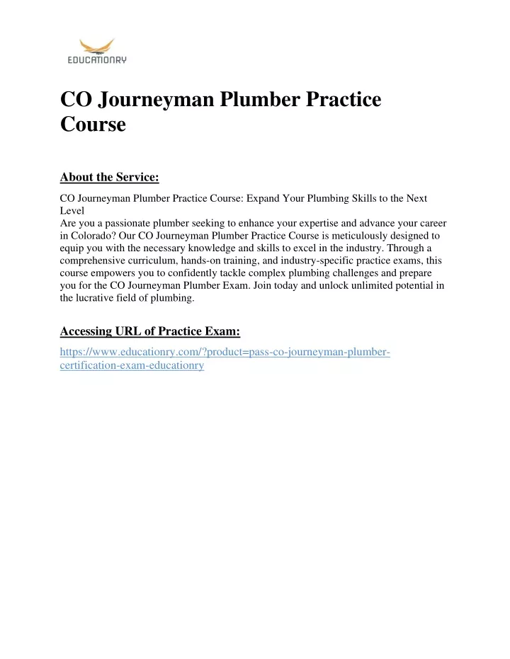 co journeyman plumber practice course