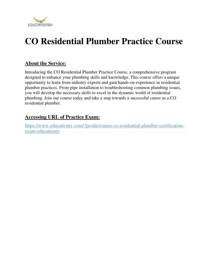 co residential plumber practice course