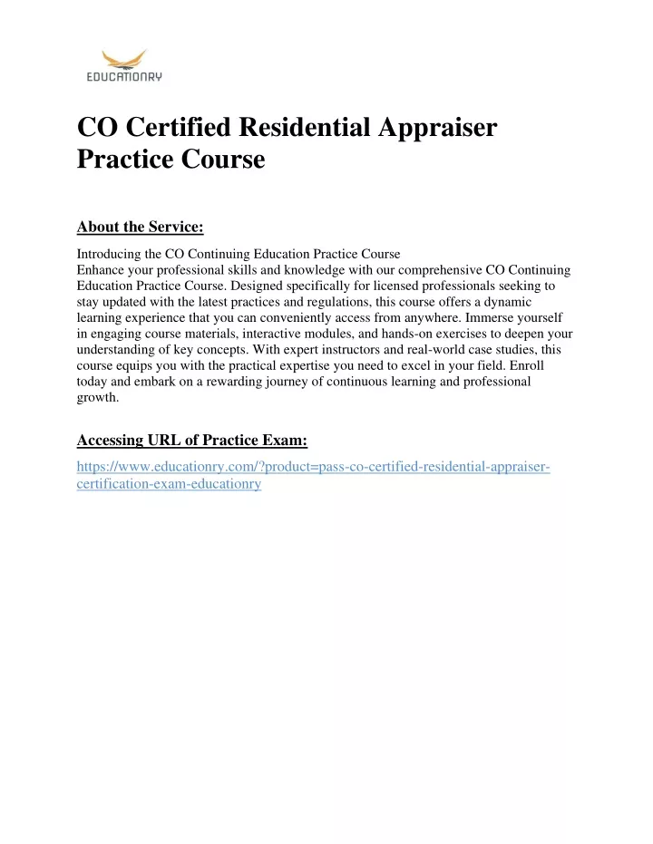 co certified residential appraiser practice course