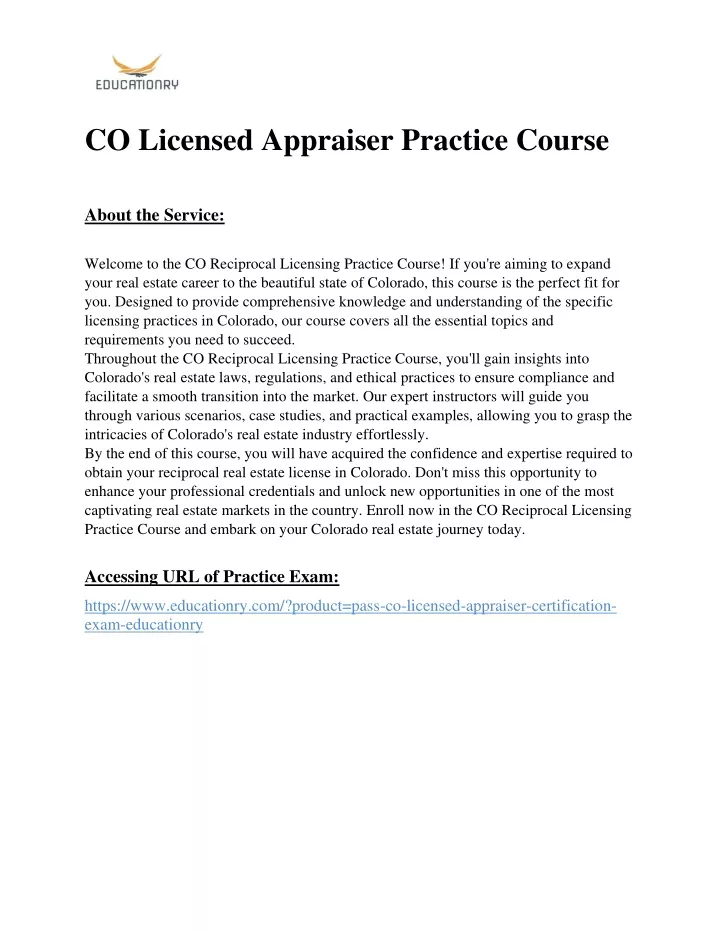 co licensed appraiser practice course