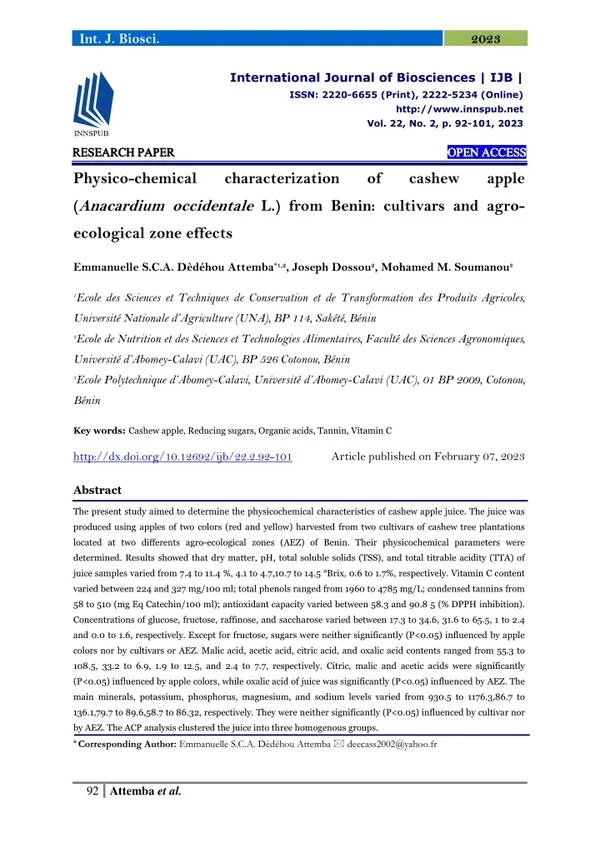 Physico-chemical characterization of cashew apple (Anacardium occidentale L.) fr