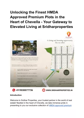 Unlocking the Finest HMDA Approved Premium Plots in the Heart of Chevella - Your Gateway to Elevated Living at Sridharpr