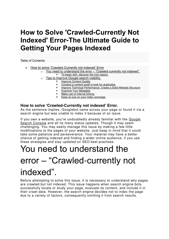 how to solve crawled currently not indexed error
