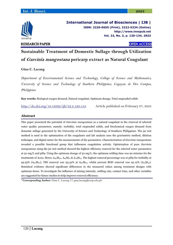 Sustainable Treatment of Domestic Sullage through Utilization of Garcinia mangos