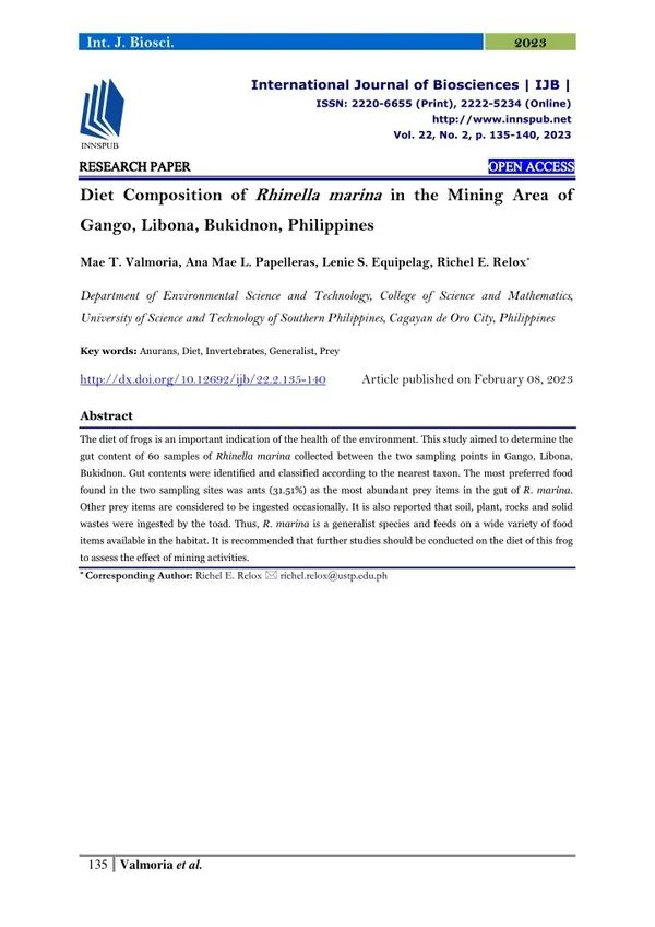 Diet Composition of Rhinella marina in the Mining Area of Gango, Libona, Bukidno