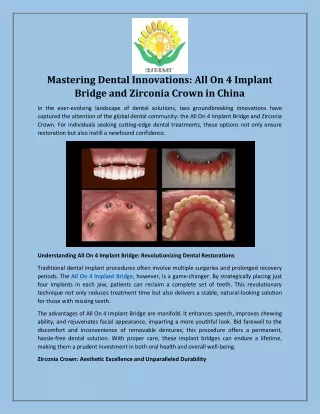 Mastering Dental Innovations All On 4 Implant Bridge and Zirconia Crown in China