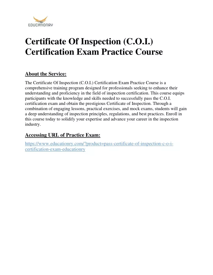 certificate of inspection c o i certification