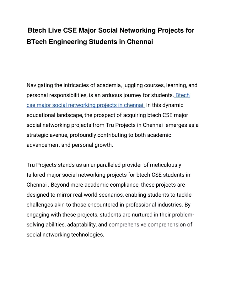 btech live cse major social networking projects