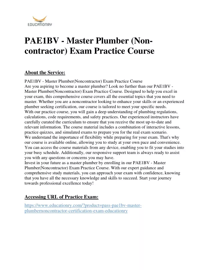 pae1bv master plumber non contractor exam