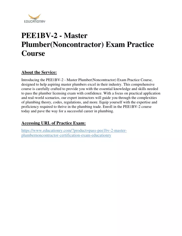pee1bv 2 master plumber noncontractor exam