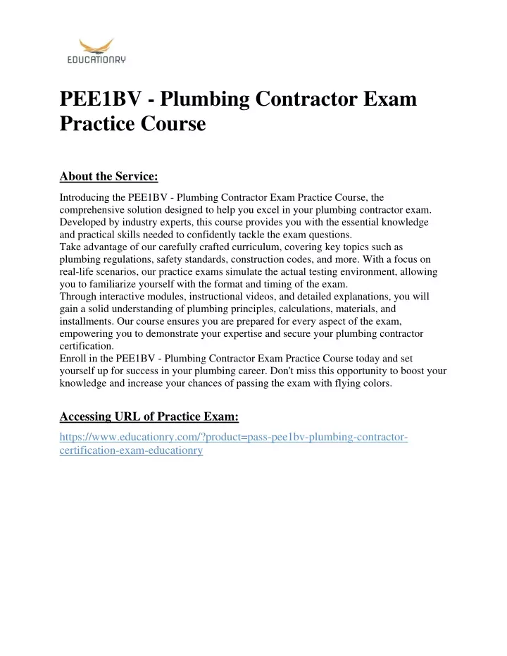 pee1bv plumbing contractor exam practice course