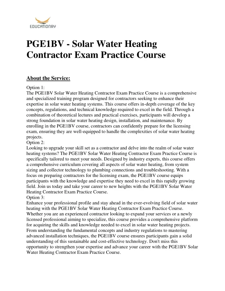 pge1bv solar water heating contractor exam